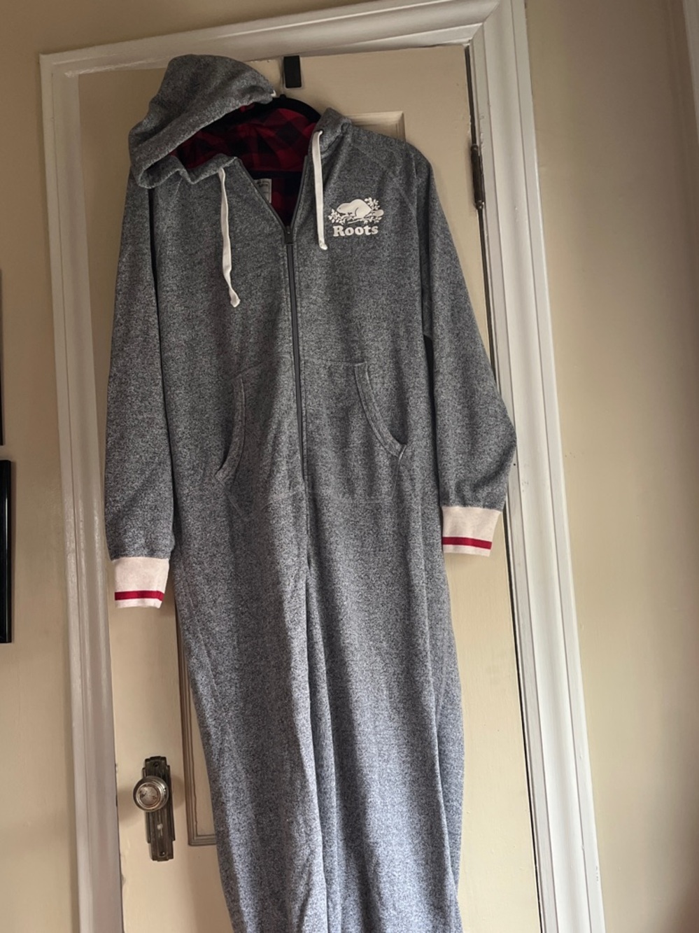 Roots Grey Hooded Woman’s One-Piece Pajama with Red Trim